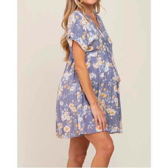 NWT Final Touch Maternity Blue Floral V-Neck Short Sleeve Dress Size Medium - Picture 2 of 8